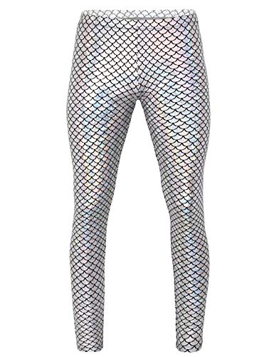 Alvivi Leggings Hombre Fitness Disfraz de Sirena Escama Hombre Cosplay Carnaval Halloween Divertido Leggins Pantalones de Danza Ballet Deporte Elástico Plateado Large