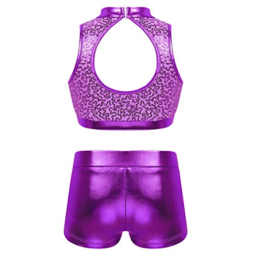Alvivi Ropa Deportiva de Danza Fitness Niña Chandales Deporte Maillot Gimnasia Rítmica Lentejuelas Tank Top Deportivo Pantalones Cortos Tankini Morado 11-12 Años