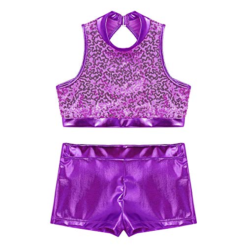 Alvivi Ropa Deportiva de Danza Fitness Niña Chandales Deporte Maillot Gimnasia Rítmica Lentejuelas Tank Top Deportivo Pantalones Cortos Tankini Morado 11-12 Años