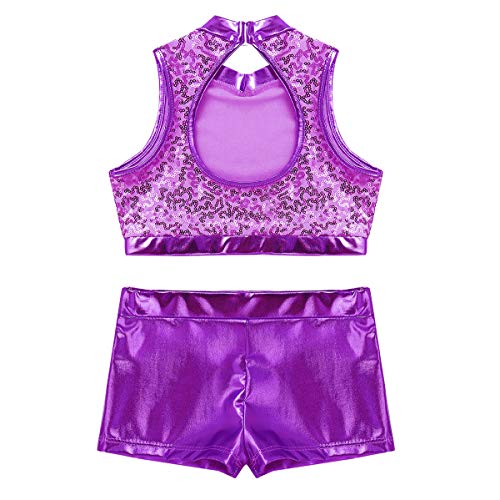 Alvivi Ropa Deportiva de Danza Fitness Niña Chandales Deporte Maillot Gimnasia Rítmica Lentejuelas Tank Top Deportivo Pantalones Cortos Tankini Morado 11-12 Años