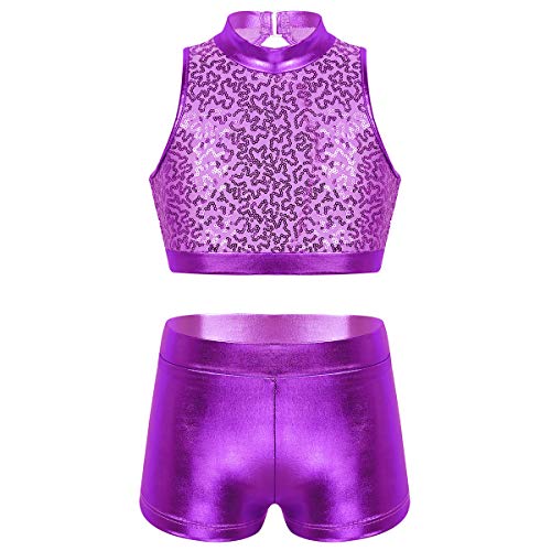 Alvivi Ropa Deportiva de Danza Fitness Niña Chandales Deporte Maillot Gimnasia Rítmica Lentejuelas Tank Top Deportivo Pantalones Cortos Tankini Morado 11-12 Años