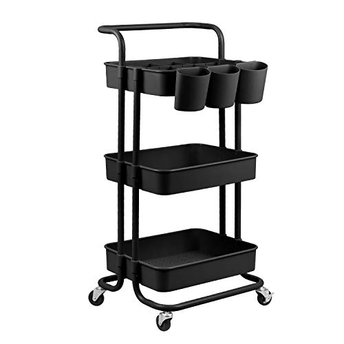 alvorog Carrito de Cocina de 3 Niveles con Ruedas, Carro de Almacenaje con Asa, Carrito Auxiliar Multifuncional para Baño, Cocina, Oficina, Salón & SPA - Negro