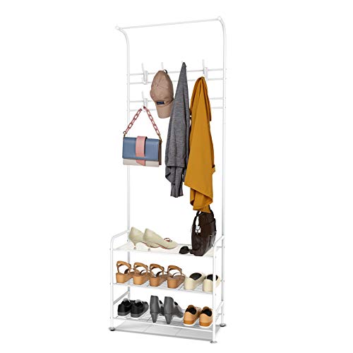 alvorog Perchero con Zapatero, Perchero Metálico de Pie, Perchero de Entrada con 3 Capas y 16 Ganchos para Zapatos y Ropa 63.5 x 29 x 180 cm, Blanco alvorog Perchero con Zapatero, Perchero Metálico de Pie, Perchero de Entrada con 3 Capas y 16 Ganchos para Zapatos y Ropa 63.5 x 29 x 180 cm, Blanco