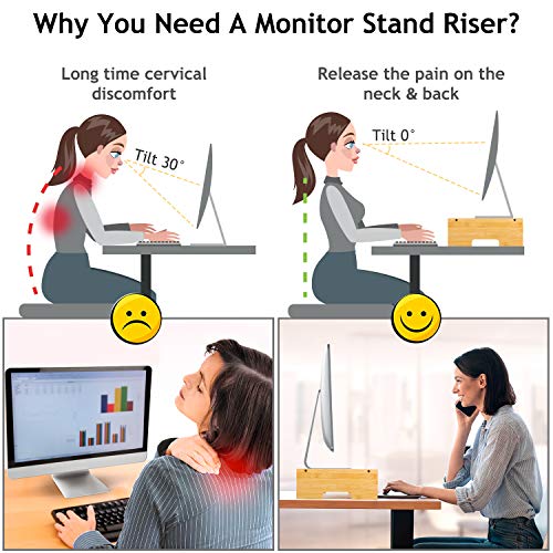 Amada Soporte de Monitor de Bambú con Soporte para Móvil Inteligente y Muescas para Bolígrafo, para Ordenador en Oficina y en Casa, Computadora Portátil, TV, Tableta, Impresora, Proyector