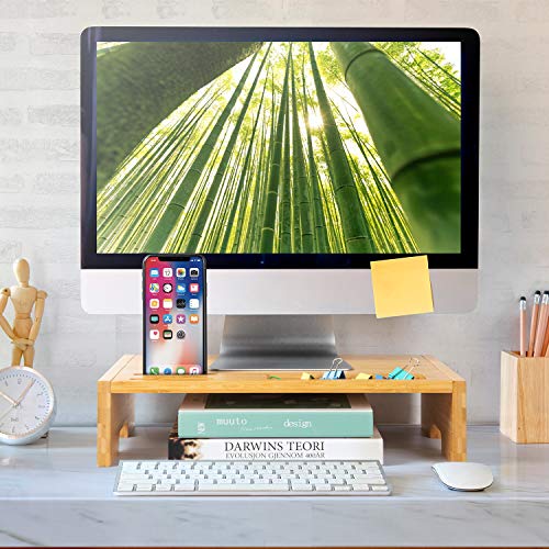 Amada Soporte de Monitor de Bambú con Soporte para Móvil Inteligente y Muescas para Bolígrafo, para Ordenador en Oficina y en Casa, Computadora Portátil, TV, Tableta, Impresora, Proyector