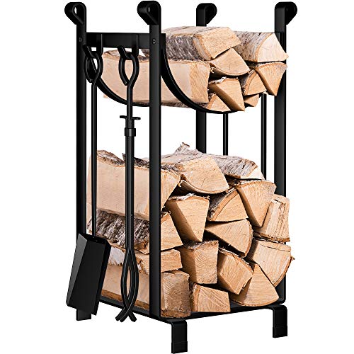 Amagabeli Estante de Registro de Chimenea con 4 Herramientas 78x29x36cm Interior Chimenea de Leña Rack 2 Exterior Conjunto de Herramientas para Chimenea Titulares Leña Porta Chimeneas Hierro Forjado