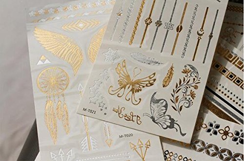 Amaoma 6 Piezas 70 Patrones Tatuajes Temporales, Lujo Metálico Oro y Plata Flash Tatuaje Temporal, Extraíble Impermeable Adhesivos Removibles,Flores Flechas Plumas Pulseras Muñequera y Brazo Bandas