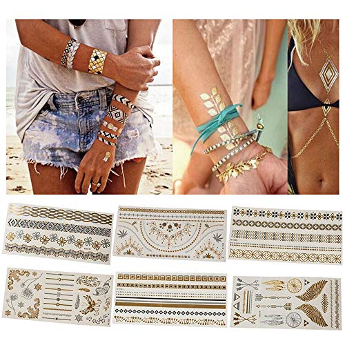 Amaoma 6 Piezas 70 Patrones Tatuajes Temporales, Lujo Metálico Oro y Plata Flash Tatuaje Temporal, Extraíble Impermeable Adhesivos Removibles,Flores Flechas Plumas Pulseras Muñequera y Brazo Bandas