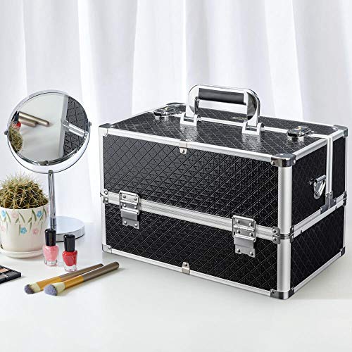 AmasavaMaletín para Maquillaje, Estuches de Maquillaje, Estuche de Cosméticos, 38 * 23.5 * 26cm, PVC, Cerradura, 4 bandejas, con Correa para el Hombro, Negro AmasavaMaletín para Maquillaje, Estuches de Maquillaje, Estuche de Cosméticos, 38 * 23.5 * 26cm, PVC, Cerradura, 4 bandejas, con Correa para el Hombro, Negro
