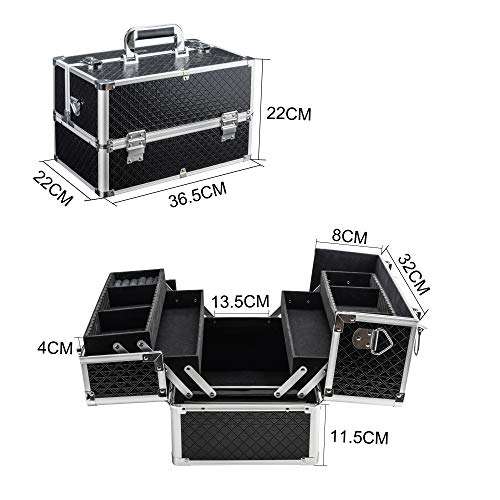 AmasavaMaletín para Maquillaje, Estuches de Maquillaje, Estuche de Cosméticos, 38 * 23.5 * 26cm, PVC, Cerradura, 4 bandejas, con Correa para el Hombro, Negro AmasavaMaletín para Maquillaje, Estuches de Maquillaje, Estuche de Cosméticos, 38 * 23.5 * 26cm, PVC, Cerradura, 4 bandejas, con Correa para el Hombro, Negro