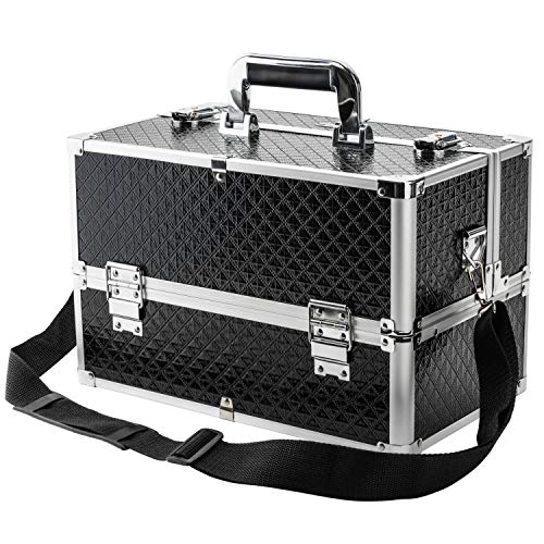AmasavaMaletín para Maquillaje, Estuches de Maquillaje, Estuche de Cosméticos, 38 * 23.5 * 26cm, PVC, Cerradura, 4 bandejas, con Correa para el Hombro, Negro AmasavaMaletín para Maquillaje, Estuches de Maquillaje, Estuche de Cosméticos, 38 * 23.5 * 26cm, PVC, Cerradura, 4 bandejas, con Correa para el Hombro, Negro