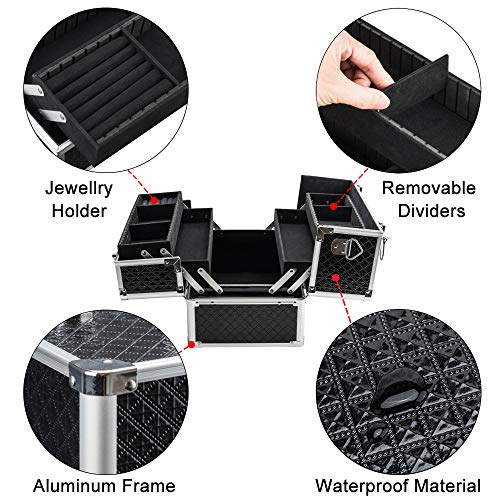 AmasavaMaletín para Maquillaje, Estuches de Maquillaje, Estuche de Cosméticos, 38 * 23.5 * 26cm, PVC, Cerradura, 4 bandejas, con Correa para el Hombro, Negro AmasavaMaletín para Maquillaje, Estuches de Maquillaje, Estuche de Cosméticos, 38 * 23.5 * 26cm, PVC, Cerradura, 4 bandejas, con Correa para el Hombro, Negro