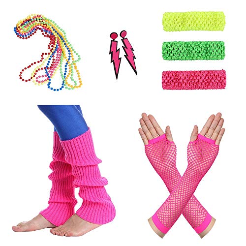 Amaza Disfraz Años 80 Mujer Accesorios Guantes Calentadores Collares Pendientes Diademas (Multicolor)