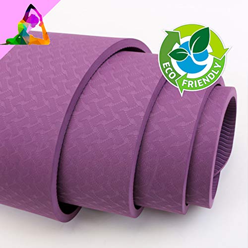 AMAZEAN Esterilla ECOFRIENDLY Fitness Antideslizante Alfombrilla de Yoga Esterilla Pilates Esterilla Deporte- con Correa de Hombro de Material Ecológico TPE 183cm x 68 x 5mm (Morado)