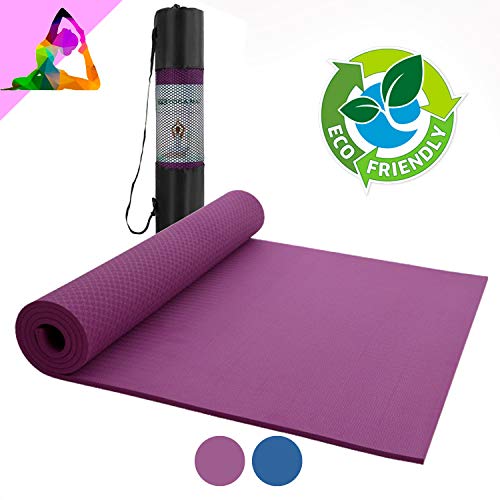 AMAZEAN Esterilla ECOFRIENDLY Fitness Antideslizante Alfombrilla de Yoga Esterilla Pilates Esterilla Deporte- con Correa de Hombro de Material Ecológico TPE 183cm x 68 x 5mm (Morado)