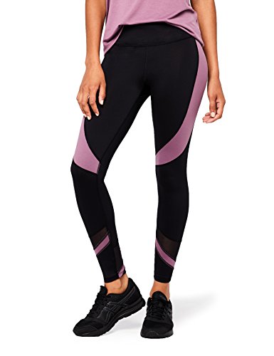 Amazon Brand - AURIQUE Leggings deportivos con paneles para mujer, Negro (Black/Purple Gumdrop), 40, Label:M