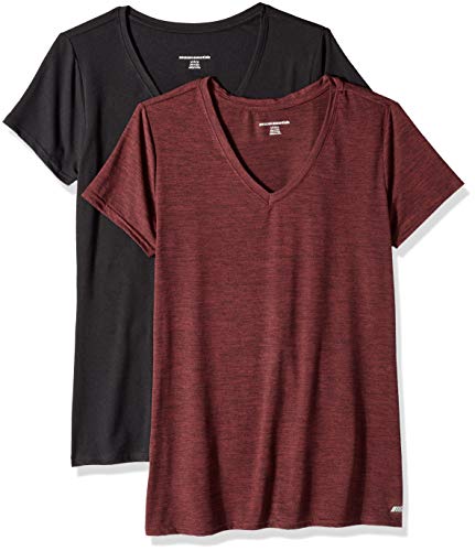 Amazon Essentials 2-Pack Tech Stretch Short-Sleeve V-Neck T-Shirt Athletic-Shirts, Burgundy Space Dye/Black, US L (EU L - XL)