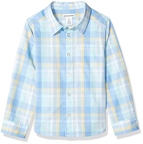 Amazon Essentials - Camisa de popelina/batista de manga larga para niño, Plaid Blue/Teal, US XS (EU 104-110 CM)