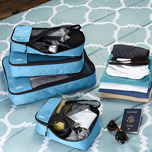 AmazonBasics - Bolsas de equipaje (pequeña, mediana, grande y alargada, 4 unidades), Azul (Cielo)