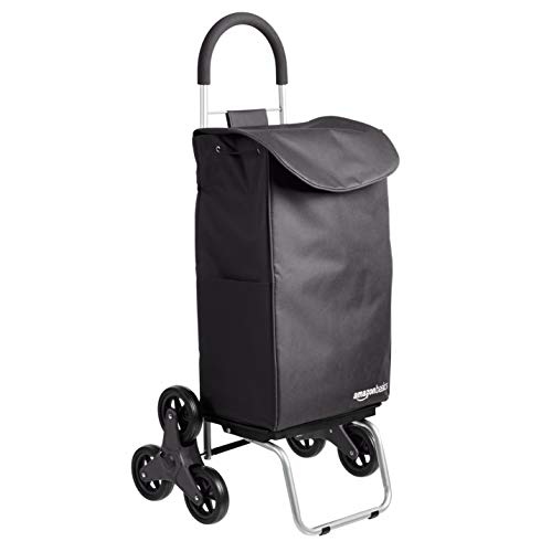 AmazonBasics – Carrito para la compra plegable que puede subir escaleras con plataforma de ruedas extraíble, mango de 96,5 cm de altura, negro