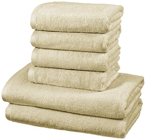 AmazonBasics - Juego de 6 toallas de secado rápido, 2 toallas de baño y 4 toallas de mano - Beige