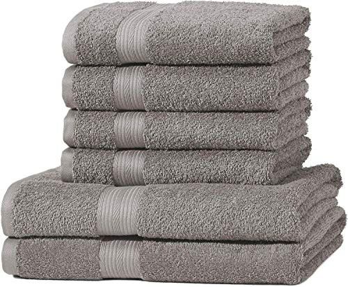 AmazonBasics - Juego de toallas (colores resistentes, 2 toallas de baño y 4 toallas de manos), color gris