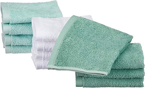 AmazonBasics - Toallas de algodón, 12 unidades, Verde espuma de mar, Azul hielo, Blanco