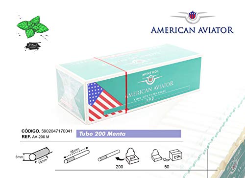 AMERICAN AVIATOR 1000 Tubos Vacíos Mentolado con Filtro de 8 mm x 15mm para Tabaco de Liar (5 cajas de 200), fabricado en EU AMERICAN AVIATOR 1000 Tubos Vacíos Mentolado con Filtro de 8 mm x 15mm para Tabaco de Liar (5 cajas de 200), fabricado en EU