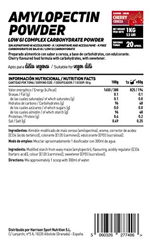 Amilopectina de HSN Evopectin | Waxy Maize, Carbohidratos Complejos, Suplemento para Deportistas, Sin Azúcar | Vegano, Sin Gluten, Sin Lactosa, Sabor Cereza, 1000g