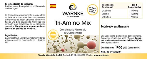 Amino Acids Complex Tri Amino Mix – Complejo de aminoácidos – L-Arginina + Lisina + Ornitina – Altamente dosificado – 100 comprimidos