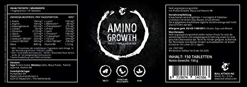 AMINO GROWTH 150 Comprimidos (Vegan) | Alta dosis con 5000 mg/porción | Complejo de aminoácidos con Maca y vitamina B6 | para la construcción de músculo, tonificación, dieta y mejora del rendimiento