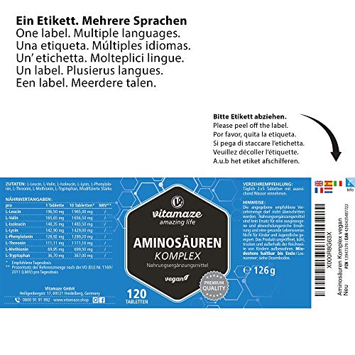Aminoácidos Complejo de Alta Aosis y Vegano, 120 Tabletas con 8 Aminoácidos Esenciales (entre otros Leucina, Lisina, Valina, Treonina, Triptofano), Suplemento Alimenticio Natural sin Aditivos
