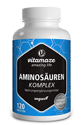 Aminoácidos Complejo de Alta Aosis y Vegano, 120 Tabletas con 8 Aminoácidos Esenciales (entre otros Leucina, Lisina, Valina, Treonina, Triptofano), Suplemento Alimenticio Natural sin Aditivos