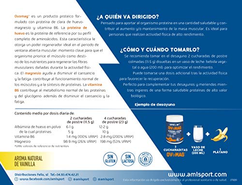 AML SPORT -OVOMAG- Albumina de huevo, Magnesio y Vitamina B6 – 410 gr. Regenerador de fibras musculares. Ayuda a disminuir el cansancio y la fatiga. CACAO 100% PURO NATURAL. Envase para 35 días.