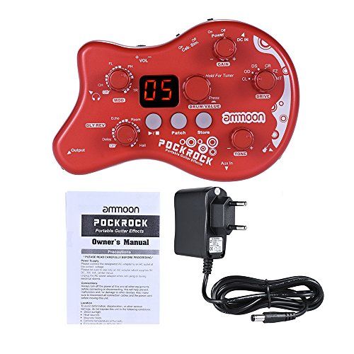 ammoon Múltiples Efecto Pedal PockRock Guitarra Portátil Procesador de Efectos 15 Tipos de Efectos 40 Ritmos del Tambor Función de Ajuste con Adaptador de Corriente (Rojo)