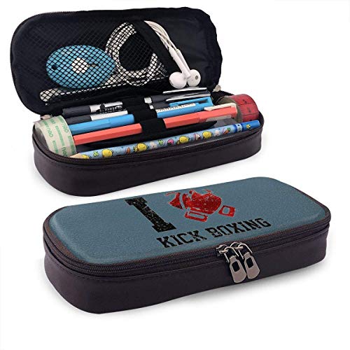 Amo el estuche de lápices de cuero de Kick Boxing Bolsa de gran capacidad para sostenedor de bolígrafos para la oficina de collage de secundaria