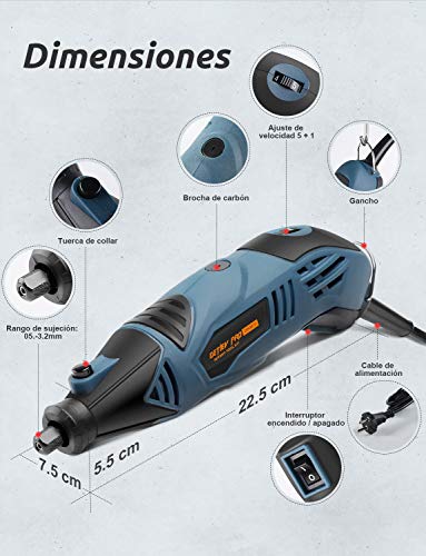 Amoladora Eléctrica, DETLEV PRO Mini amoladora 170W Herramienta Rotativa con 153 Accesorios 6 Velocidad para Cortar, Pulir, lijar, Esculpir