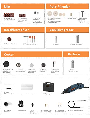 Amoladora Eléctrica, DETLEV PRO Mini amoladora 170W Herramienta Rotativa con 153 Accesorios 6 Velocidad para Cortar, Pulir, lijar, Esculpir