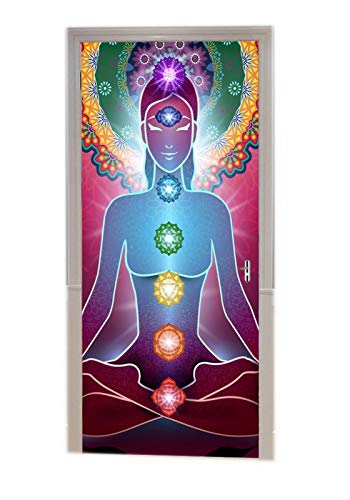 A.Monamour Pegatinas Decorativas de Puerta Autoadhesivo 3D Yoga Meditación Zen Posición De Loto Chakra 7 Luces Arte Abstracto Vinilo para Puertas Mural PVC Pegatinas de Pared Foto Poster 83 x 204 cm