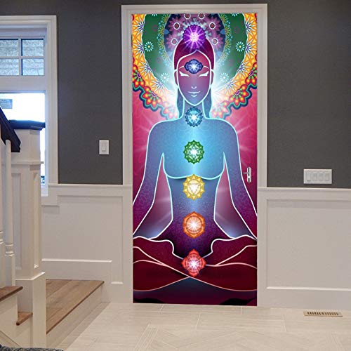 A.Monamour Pegatinas Decorativas de Puerta Autoadhesivo 3D Yoga Meditación Zen Posición De Loto Chakra 7 Luces Arte Abstracto Vinilo para Puertas Mural PVC Pegatinas de Pared Foto Poster 83 x 204 cm