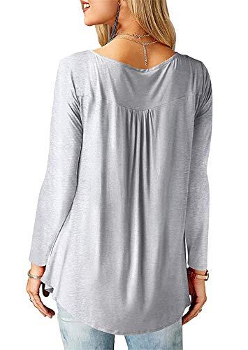 Amoretu Camisas Mujer Manga Larga Flare Blusa Delgado Color Sólido Cuello en V Botones Tops Blusa (XL/ES 50-52, Gris)