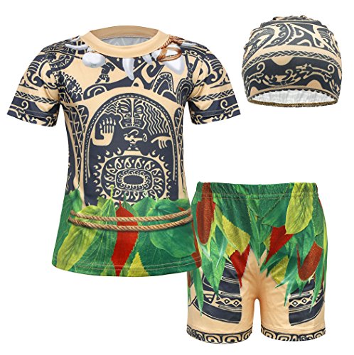 AmzBarley Moana Maui Traje de Baño Bañador Niño Disfraz Fiesta 3 Piezas Conjunto de Camisetas Manga Corto,Niño Pantalones Cortos/Shorts y Gorro Nadador Natación de Niño Marrón Claro,3-4 Años