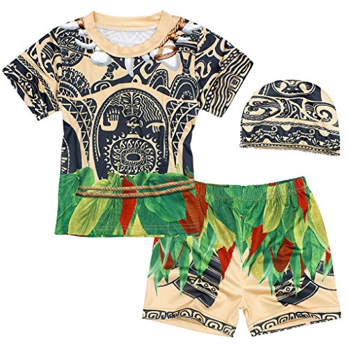 AmzBarley Moana Maui Traje de Baño Bañador Niño Disfraz Fiesta 3 Piezas Conjunto de Camisetas Manga Corto,Niño Pantalones Cortos/Shorts y Gorro Nadador Natación de Niño Marrón Claro,3-4 Años