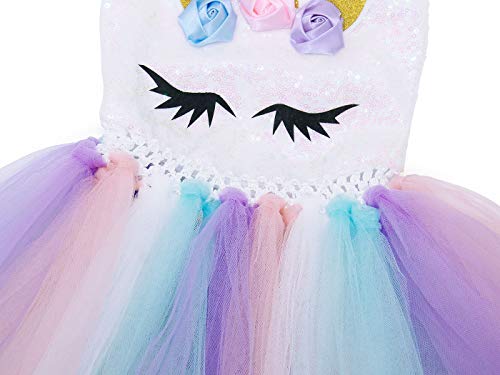 AmzBarley Unicornio Vestidos Princesa Niña Fiesta de Tul Tutu con Encaje de Flor sin Mangas,Disfraz Halloween Princesa con Argolla de Pelo Boda (10-12 Años, Blanco 6)