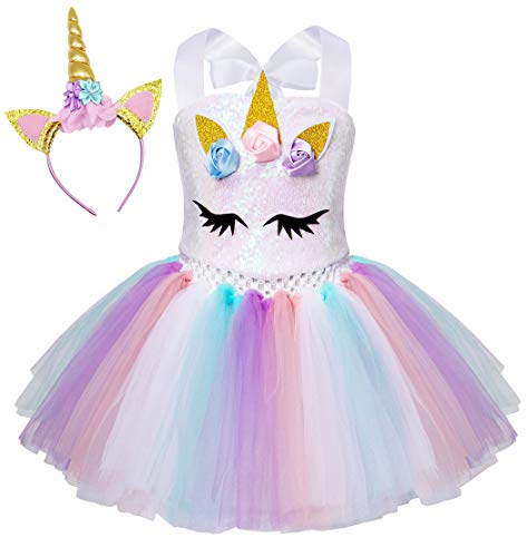 AmzBarley Unicornio Vestidos Princesa Niña Fiesta de Tul Tutu con Encaje de Flor sin Mangas,Disfraz Halloween Princesa con Argolla de Pelo Boda (10-12 Años, Blanco 6)