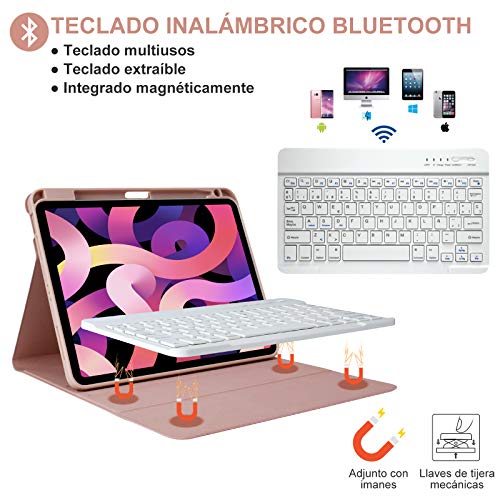 AMZCASE Funda con Teclado para iPad Air 10.9" 2020 (4.a generación), Cubierta con Portalápices con Teclado Desmontable Magnética Bluetooth Español(Incluye Ñ) para iPad 10,9 Pulgadas (Champán)