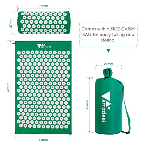 Amzdeal Esterilla Acupresion Kit con Almohda y Bolsa para Acupuntura y Moxibustión Yoga(color verde)