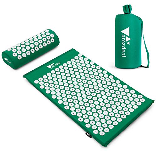 Amzdeal Esterilla Acupresion Kit con Almohda y Bolsa para Acupuntura y Moxibustión Yoga(color verde)