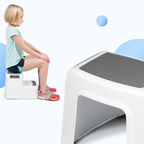 Amzdeal Taburete con doble escalón para niños, Taburetes en dos etapas para niños con revestimiento antideslizante, usar en la cama y baño, Blanco y Gris