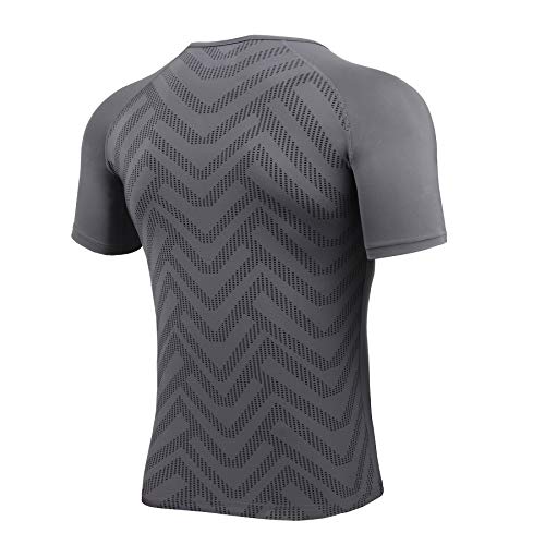 AMZSPORT Camisa de Compresión Deportiva para Hombre Camiseta de Manga Corta Camiseta de Secado Rápido Capa Base para Correr, Gris, L